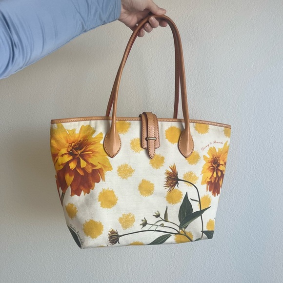 Dooney & Bourke Handbags - Dooney & Bourke Yellow Floral Tote with Tan Leather Handles